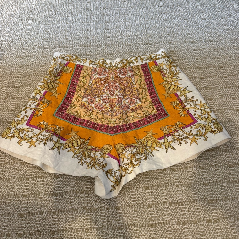 MAJE IOQUILLAGE Orange, Pink, White Scarf Print Linen Shorts | Size 40 - Picture 6 of 7